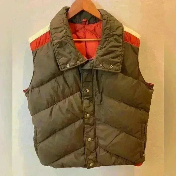 Vintage Holubar Brown/Orange/Cream Goose Down Snap Vest Puffer XL TNF Boulder - Picture 1 of 4